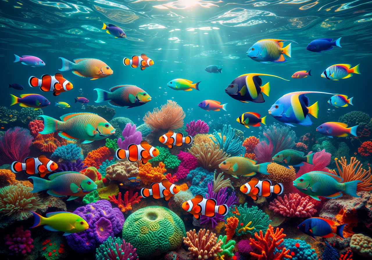 Colorful exotic fish swimming around a coral reef in the ocean slot game