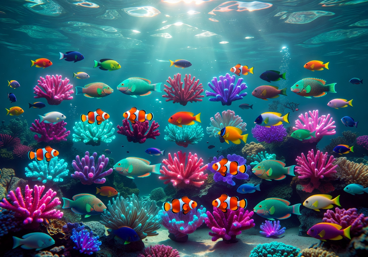 Underwater scene with colorful fish and glowing corals representing the slot game